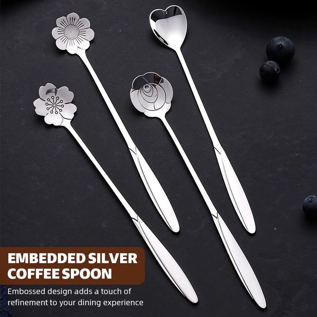 4 Pcs Silver Stainless Steel Coffee Spoon Set, 18cm Gold Flower Design, Multipurpose Tableware Tea, Desserts, and Gifting