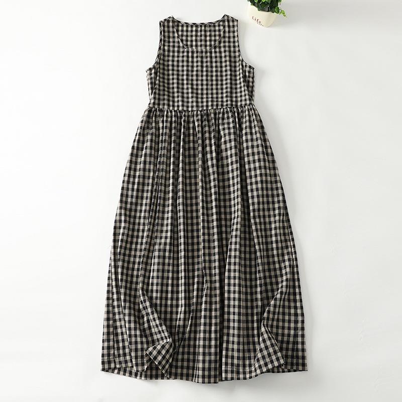 

2025 spring and summer new round neck cotton and linen plaid dress women s loose Mori college style long dress chic skirt tide M