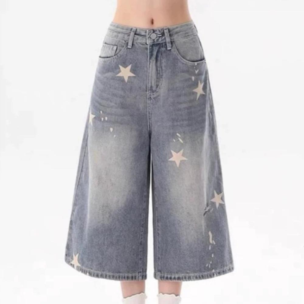 women s High Waisted Star Print Cropped Jeans Loose Wide Leg Retro Washed Denim Culottes S синий