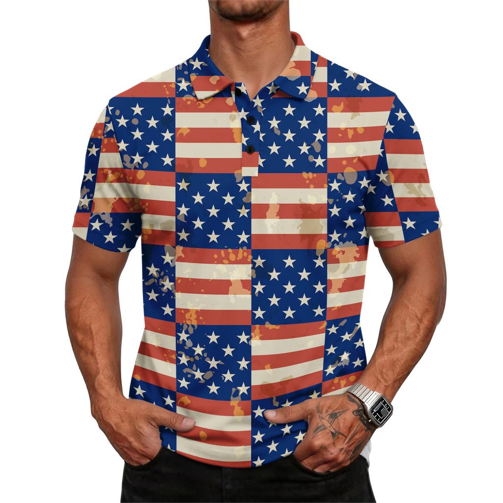 Men's Casual Loose Fit Short Sleeve Polo Shirt with Mixed Pattern Design Flag Stripes and Dots Print Lightweight Comfortable Top