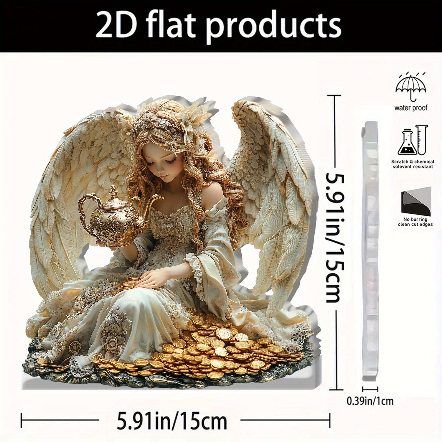 1pc Bohemian Style Golden Teapot Angel Acrylic Desktop Decor - 2D Flat Ornament with Wings & Floral Design, Elegant Art Decor for Home, Office, Cafe 15*15cm