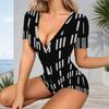 Women Plus Size Black White Printed Romper V Neck Short Sleeve Button Front Fitted Waist