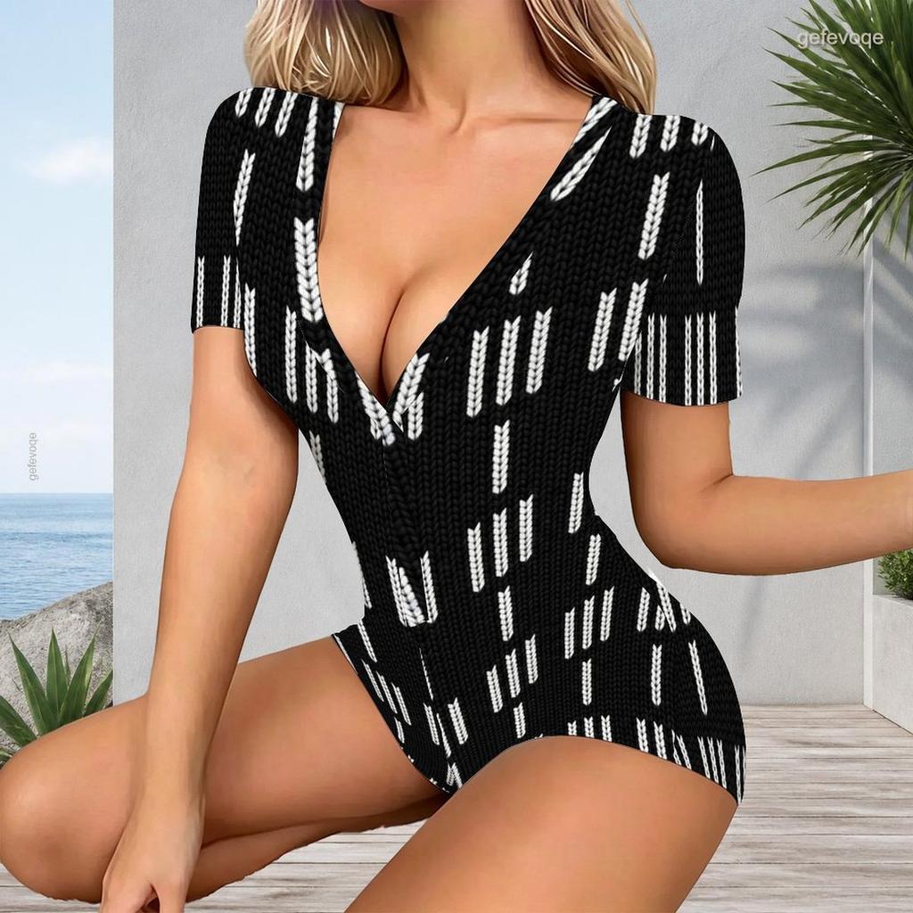 Women Plus Size Black White Printed Romper V Neck Short Sleeve Button Front Fitted Waist