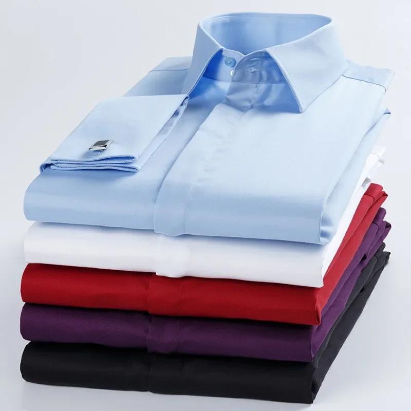 Camicia da uomo in cotone 100% di qualità, con polsino alla francese, bottone nascosto, vestibilità standard, manica lunga, polsini alla francese