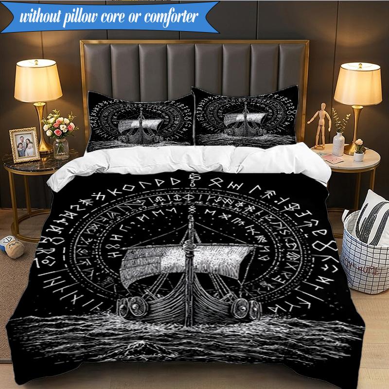 3PCS Viking Ship At Sea Bedding Set,Including 1pc Duvet Cover And 2pcs Pillowcases Perfect for Bedroom, Dormitory, Fan Christmas Gift