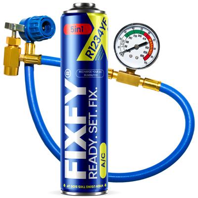 Kit de Recarga de Ar Condicionado Fixfy 5 em 1 Lata Grande 500ml + Mangueira com Manômetro + Adaptador R1234Yf