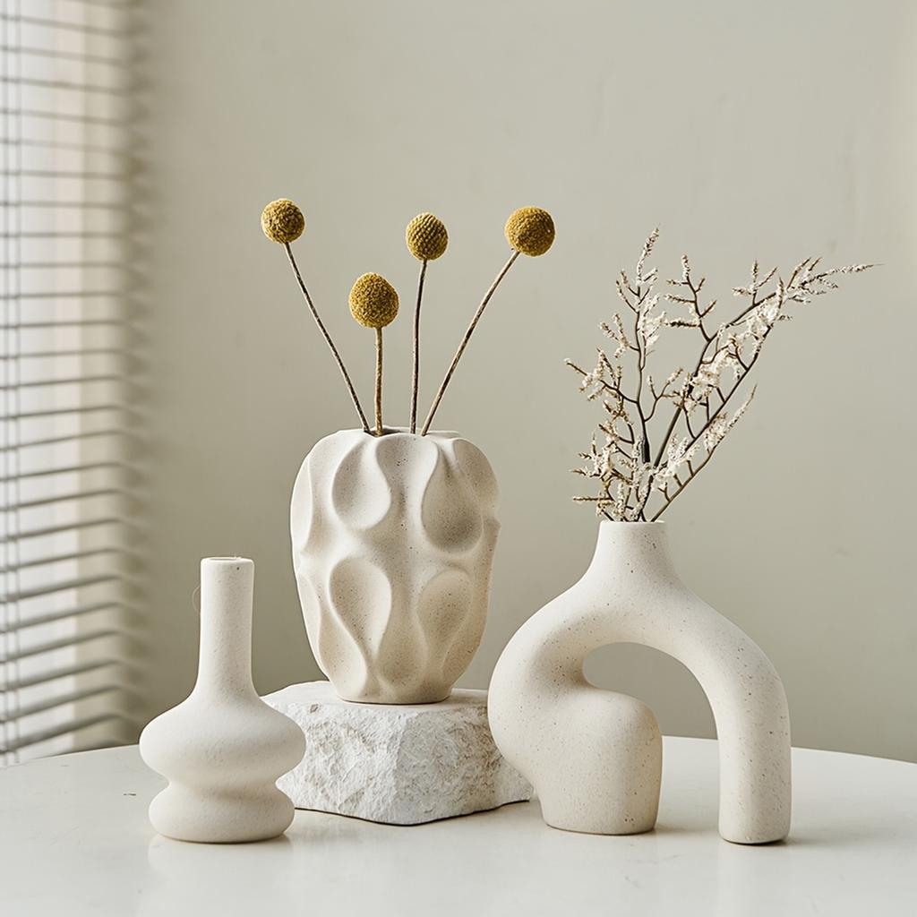 3pcs Bohemian Ceramic Vase Set - Modern Minimalist Round & Donut Shape, Geometric Pattern, Perfect For Fashion Home Decoration
