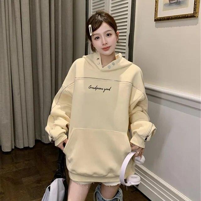Женский пуловер с длинными рукавами, толстовка с капюшоном, осенне-зимняя одежда 2023, американские свободные модные капюшоны на молнии с вышивкой L абрикосовый