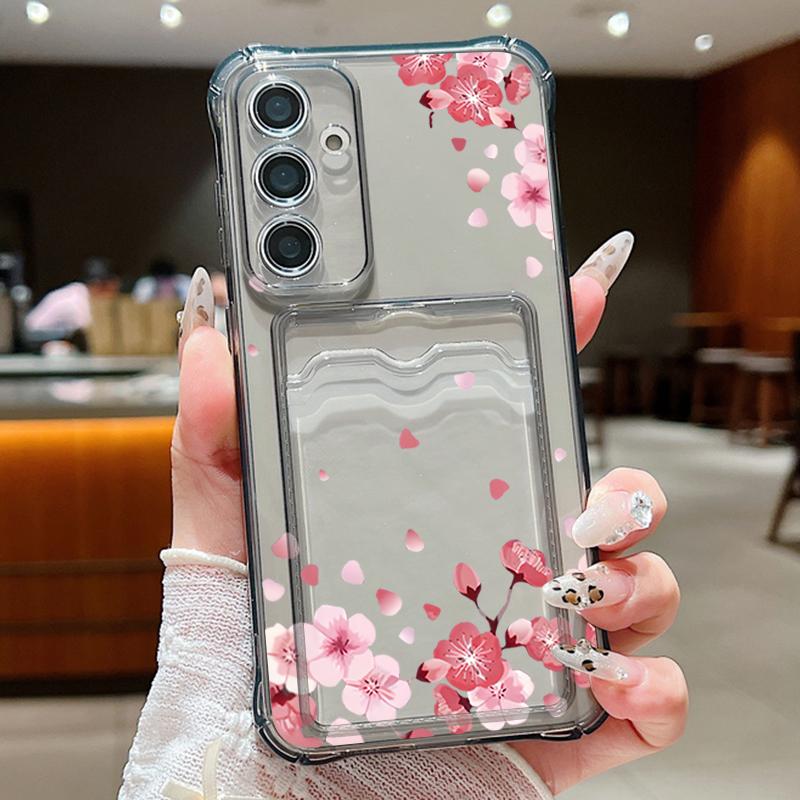 For Samsung S25 Ultra S24 FE S23 S22 A56 A36 A16 A55 Cover Sakura Floral Pattern Soft Silicone Card Slot Shockproof Clear Slim Phone Case