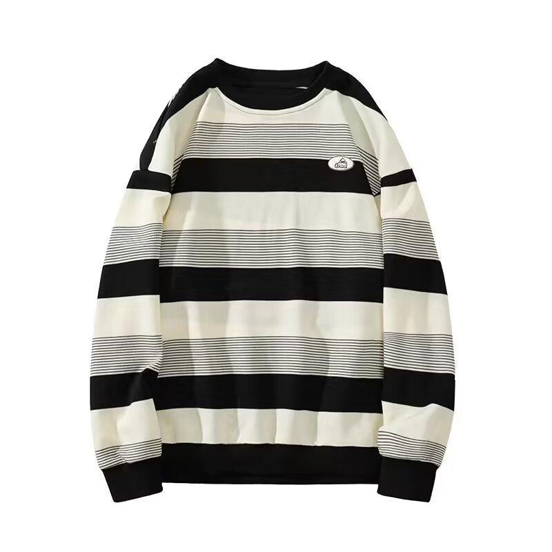 Crew Neck Sweater Men's Spring and Autumn Japanese Retro Lazy Style Striped Long-sleeved Top Teen Loose Casual Coat