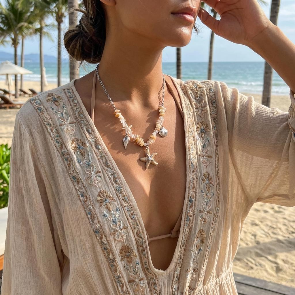 Summer Beach Vacation Necklace For Women Starfish Shell Pendant Irregular Stone Choker Neck Chain Hawaiian Holiday Party Jewelry