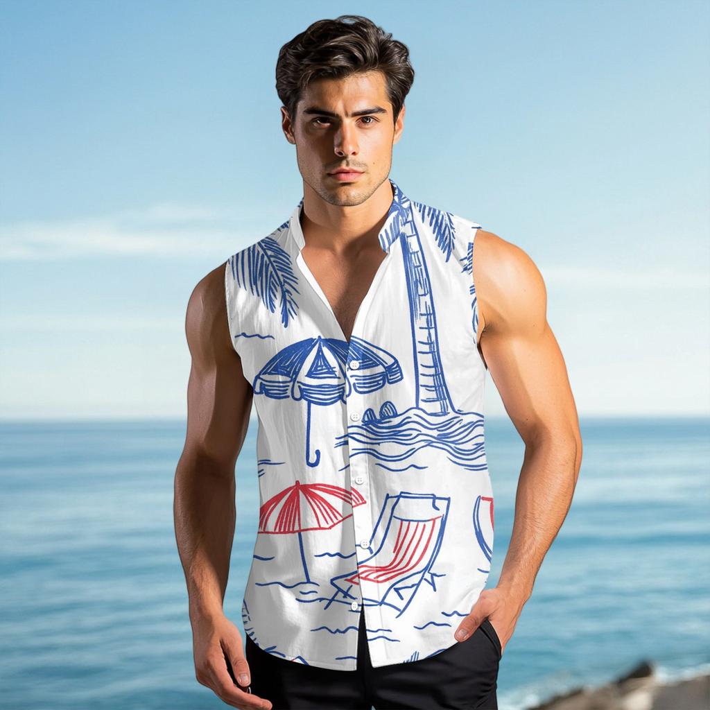 Men's Fashion Printed Sleeveless Lapel Button-Down Shirt Vest Top