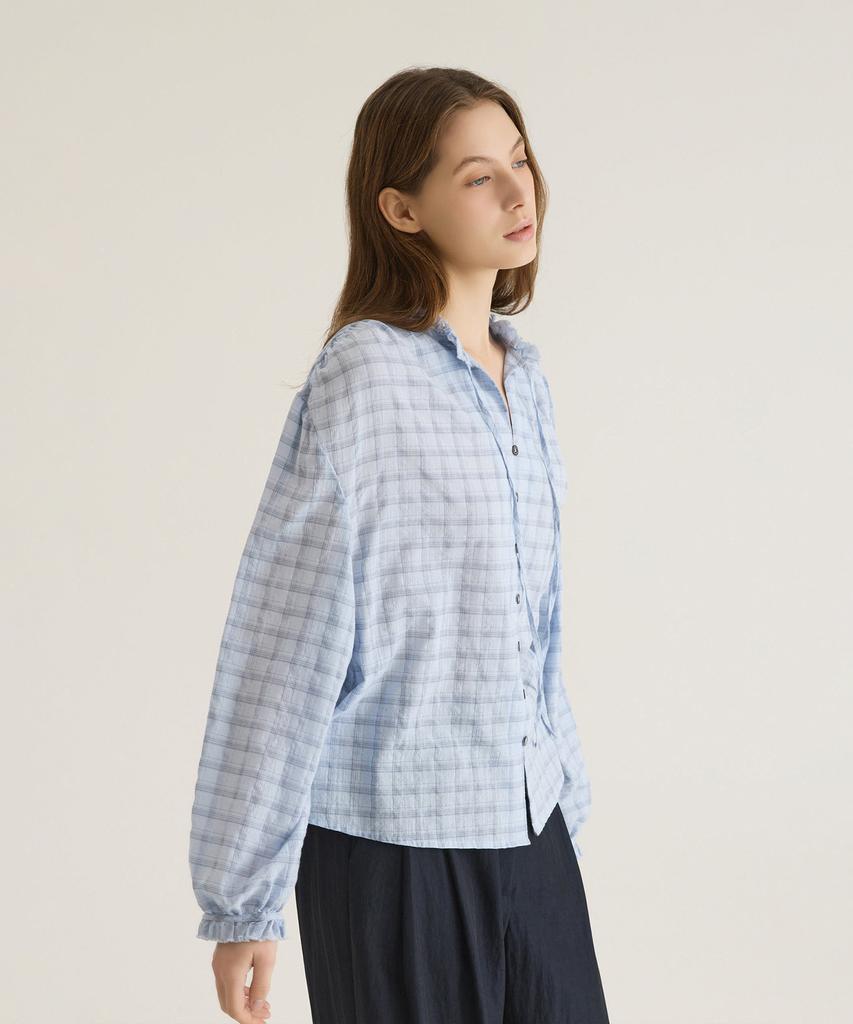 Oteumilkape Check Frill Tie Blouse - Sky Blue
