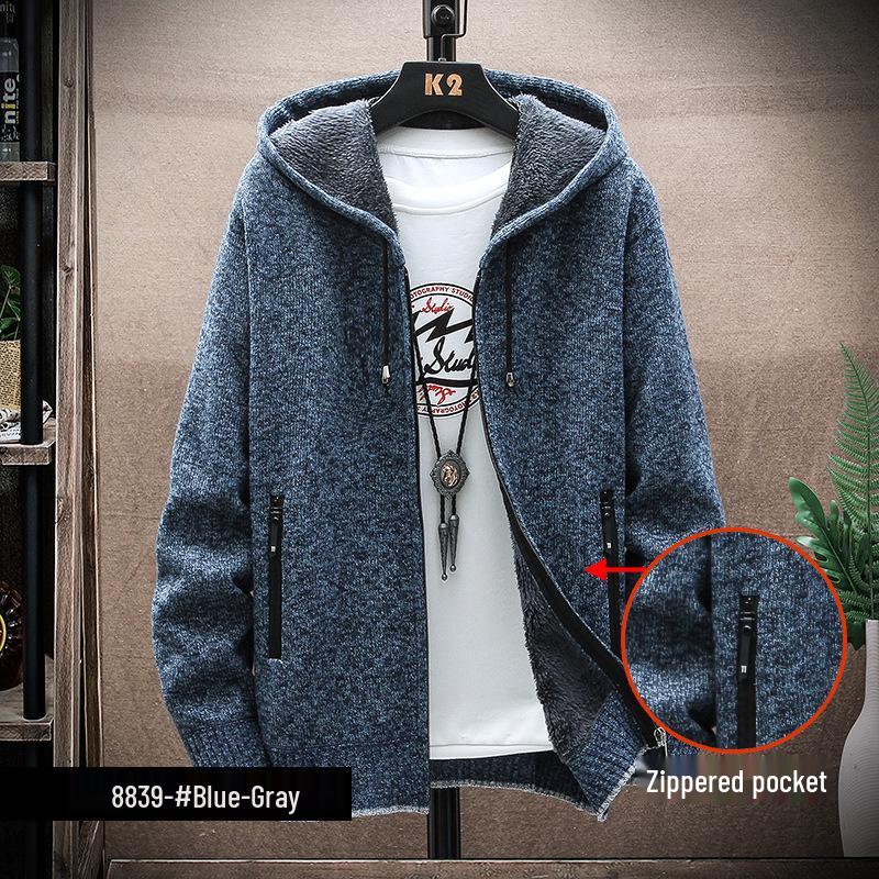 Men's Versatile Zipper Pocket Hooded Thick Knit Jacket for Autumn & Winter