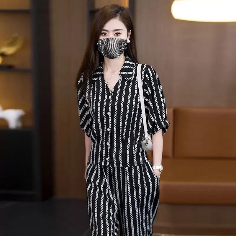 Women's Summer Thin Striped Suit Short-sleeved Shirt + Wide-legged Pants Commuting Temperament Two-piece Suit