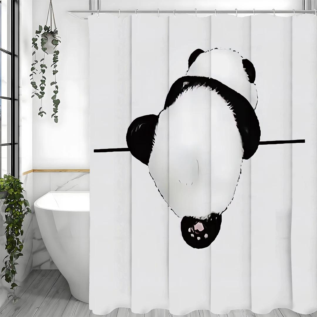Cute Panda Black And White Shower Curtain, Bathroom Decorative Shower Curtain, Waterproof Shower Curtain With Hooks W60H190(CM)-1 Pcs