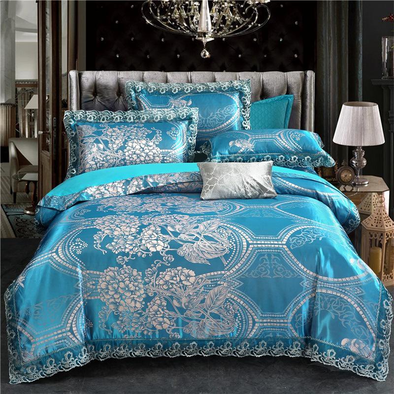 European Satin Jacquard Bedding Set - Lace-Trimmed, 4-Piece Set