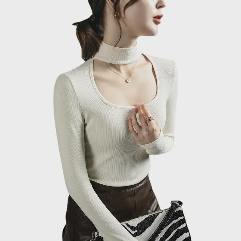 Hollow-Out Collarbone Halter Neck Fashion Tops for Autumn and Winter