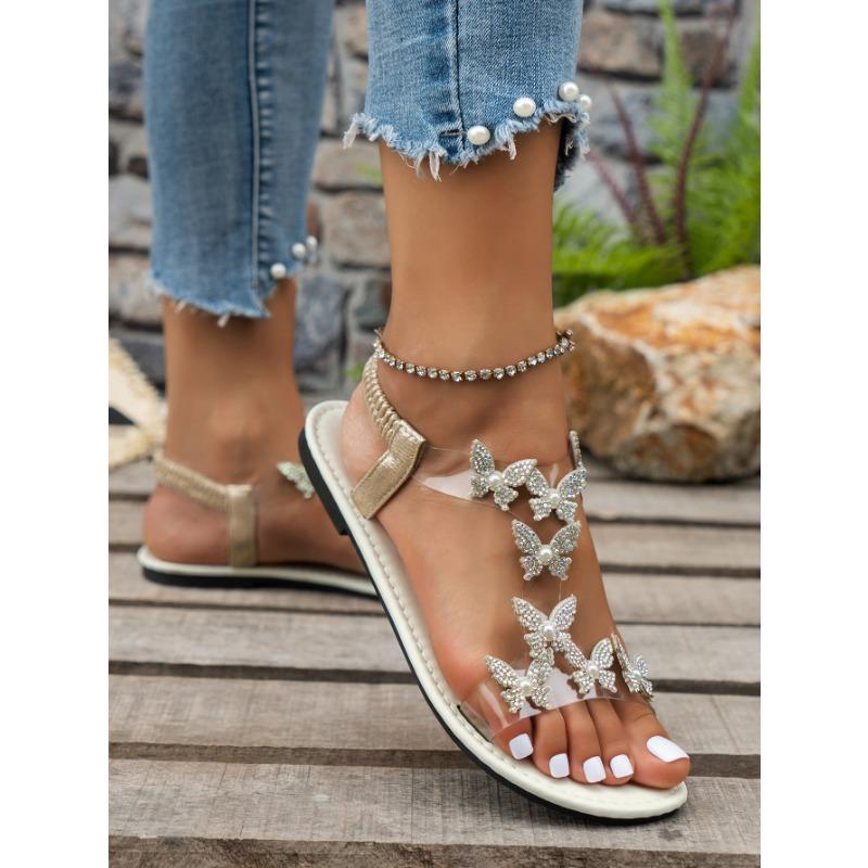 36-43 Size New Butterfly Rhinestone Flat Sandals with Soft Sole and Beach Heel Sandals