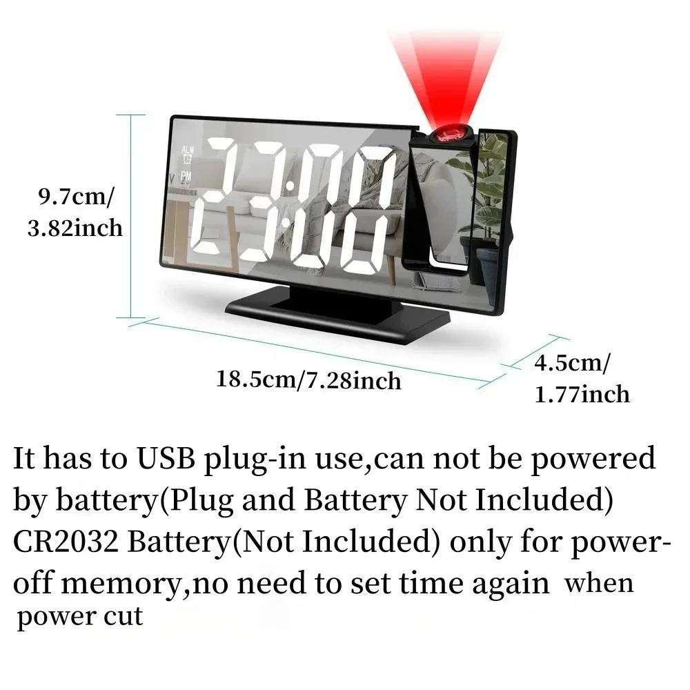 USB Powered Digital Alarm Clock 180° Arm Projection Alarm Clock Time Temperature Snooze Table Clock 12/24H Projector LED Clock