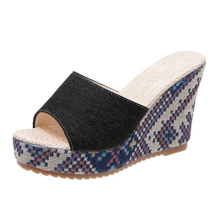 

thick-soled wedge sandals for women 2025 foreign trade large-size denim cross-buckle with cool slippers for women 2025 43
