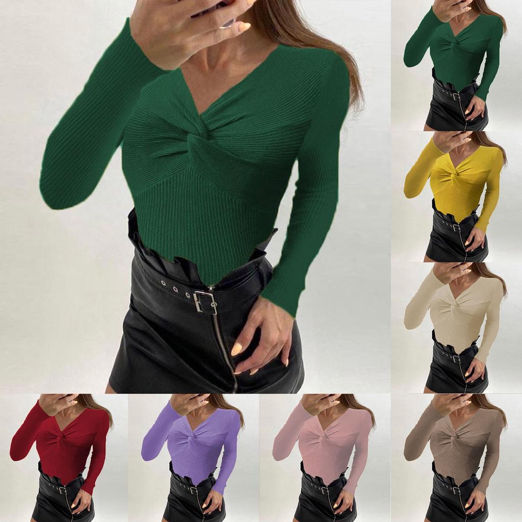 Women's Autumn And Winter Long-sleeved V-neck Knitted Sweater Slim Solid Color Pullover Knitted Sweater