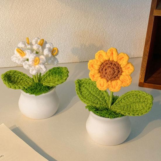 Håndheklet Blomster Håndlaget Liljekonvall Plante Ferdig Heklet Potte Solsikke Kunstig Forglemmegei Blomst for Hjem Skrivebordsdekorasjon