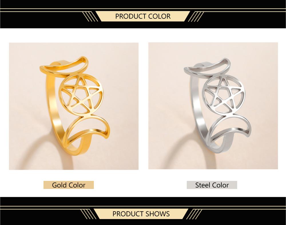 Dawapara Triple Moon Goddess Ring Ancient Greek Mythology Wicca Pentagram Ring Protection Amulet Stainless Steel Jewelry