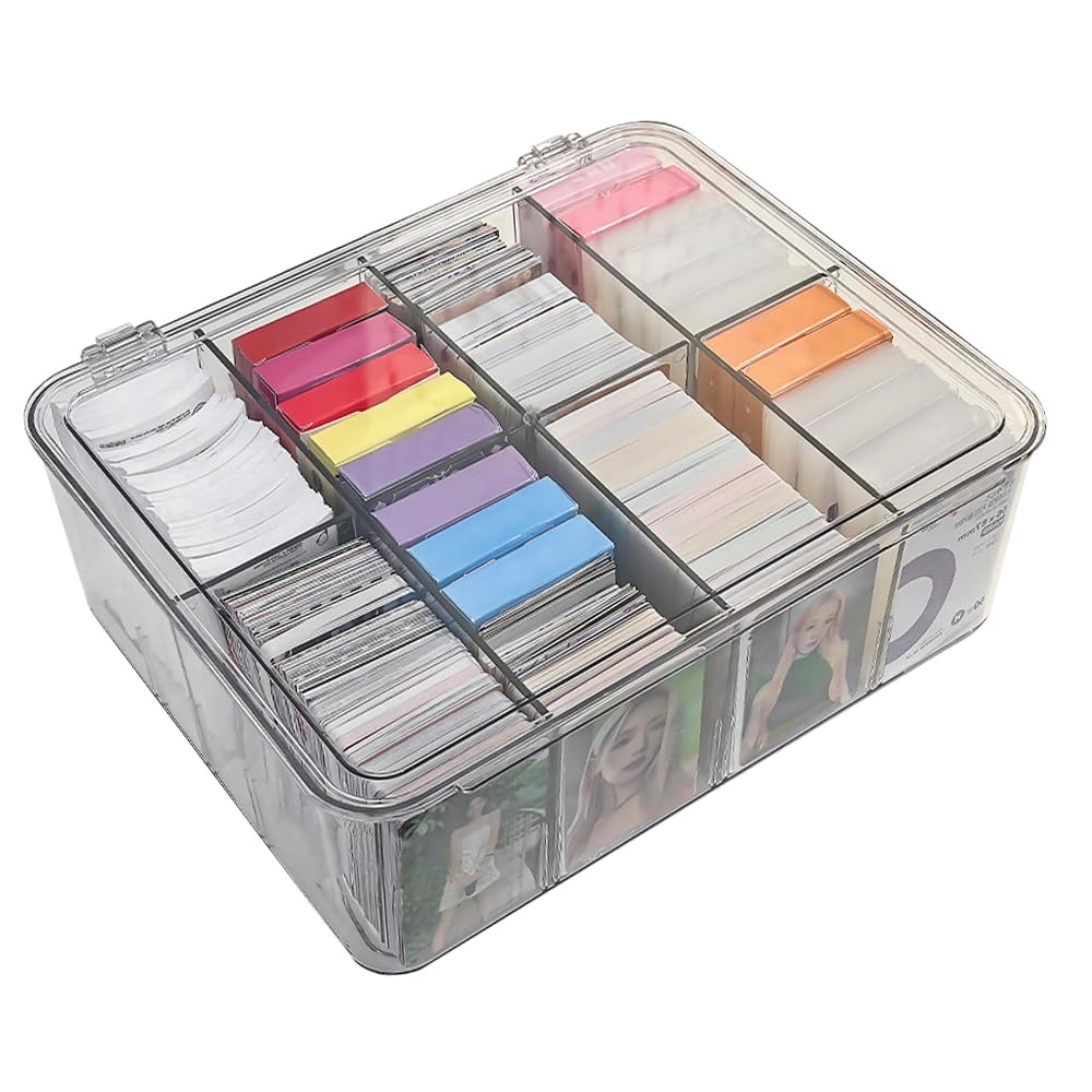 Manekinext Trading Card Storage Case Clear PET Large Capacity Organizer with Lid and Dividers 8 Compartments 30 X 26 10.5 Cm