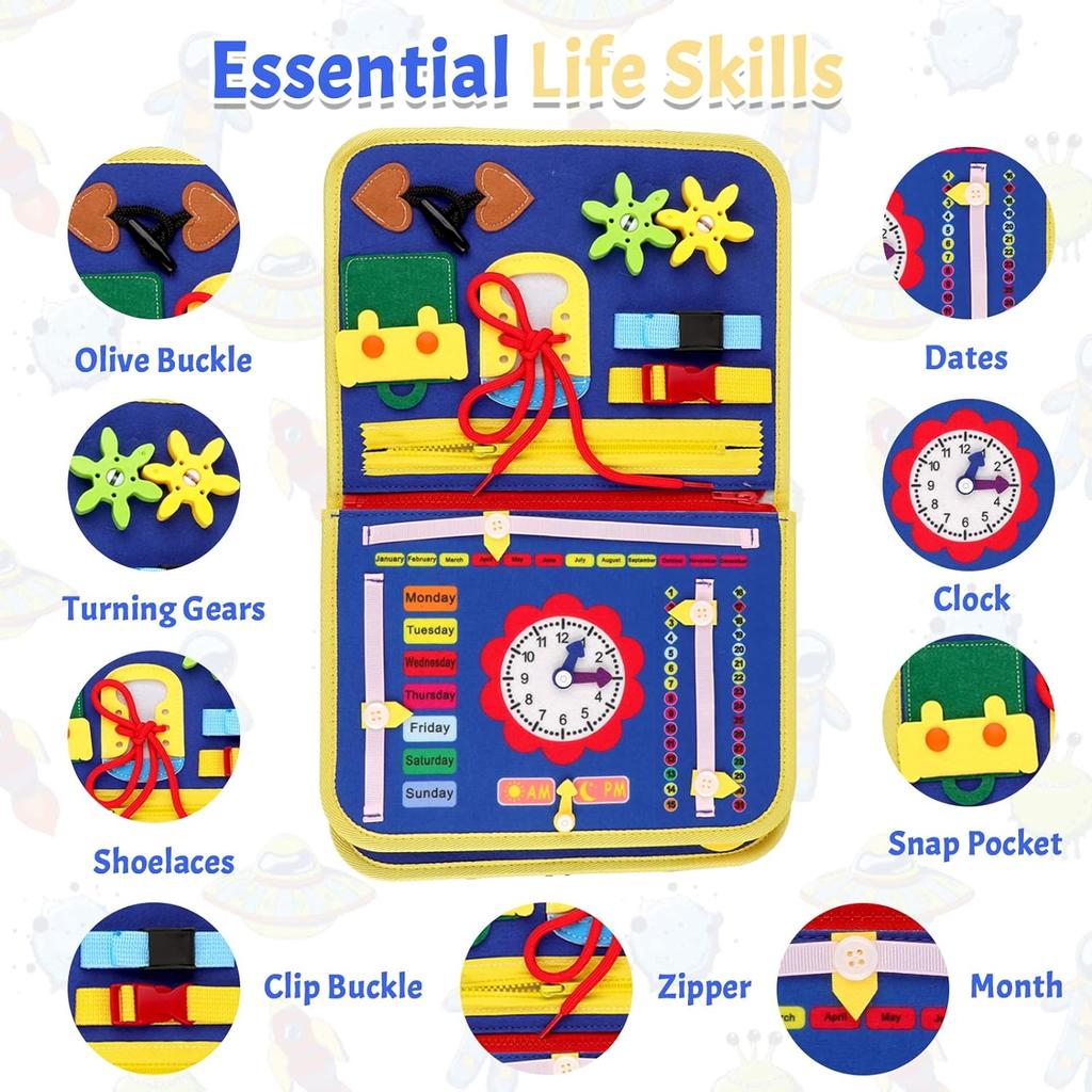 Activity Board, Busy Board Felt Montessori Toy, Baby Educational Sensory Learning Toy From 1-4 Years, Motor Skills Board for Learning Basic Skills