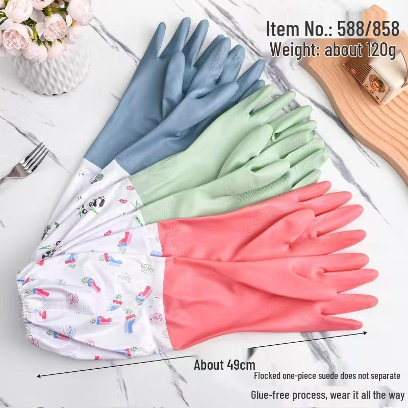 Autumn/Winter Velvet-Lined Waterproof Dishwashing Gloves - Thick, Warm, Drawstring Latex Design One Size