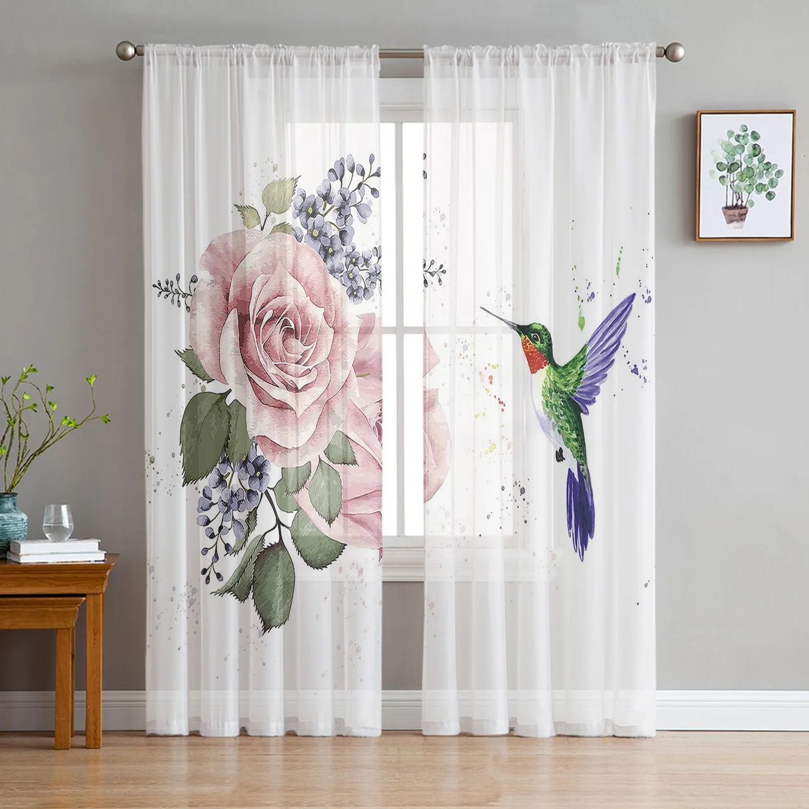 Tonnika Chen Pink/White Sheer Hummingbird Flower Tulle Curtains Living Room Bedroom Decoration Transparent Chiffon Voile Window Curtain Polyester Washable Sitting