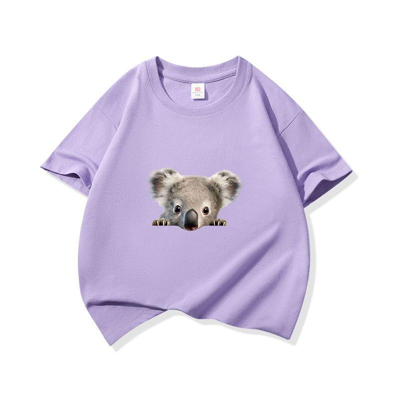 Bawełniany T-shirt dla dzieci Uroczy nadruk z wyłaniającym się koalą Okrągły dekolt Krótki rękaw Koszulka Casual Oddychająca Chłopcy Dziewczynki Letnie Topy