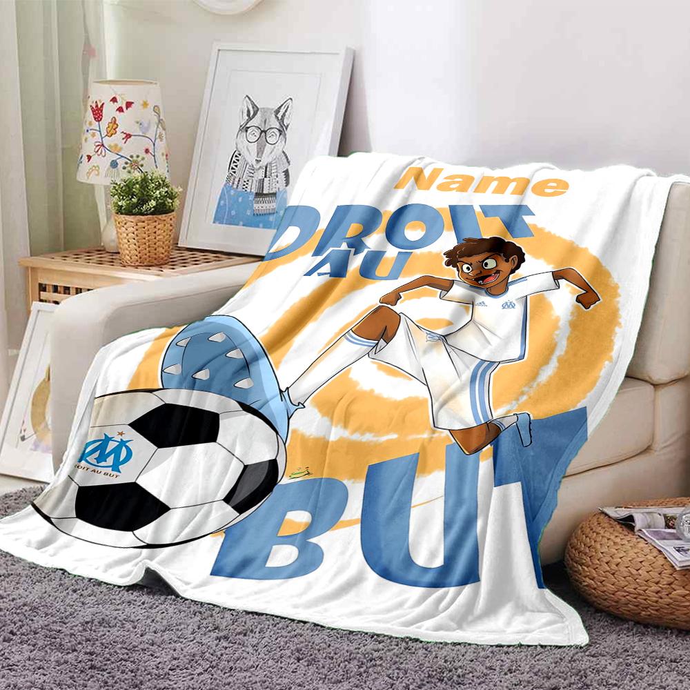Custom Name Olympique de Marseille Theme Printed Blanket - Perfect for Couch, Bed, Travel & Outdoor Use | Machine Washable, Cozy & Durable.