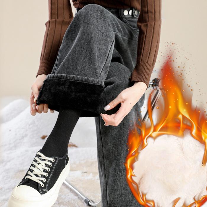 Light Color Plus Velvet Thickened Straight Jeans for Women In Winter New Retro High Waist Loose Flesh Covering and Wide-leg Pants