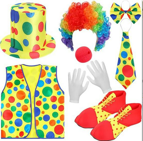 Colorful Clown Polka Dot Costume Set with Nose, Hat, Wig, Bow Tie, and Magic Props.