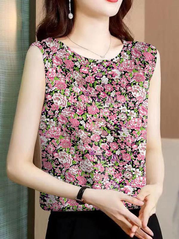 Plus Size Floral Ice Silk Vest - Women's Round Neck, Breathable, Loose, Belly-Covering Summer Top.