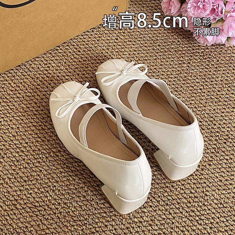 French Ballet Single Shoes Women's Sweet Bow Red Silk Small Leather Shoes Round Head High Heel Mary Jane Single Shoes Women