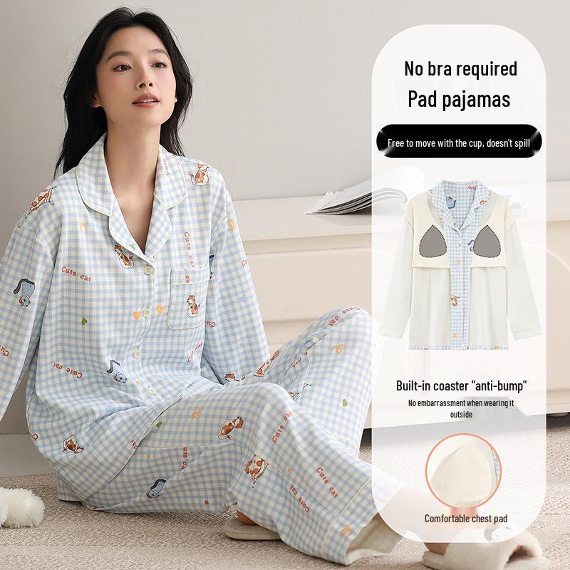 Women's Pure Cotton Pajama Set with Chest Pad, Long Sleeve Cardigan, and Lapel - Spring/Autumn 2025 Style.