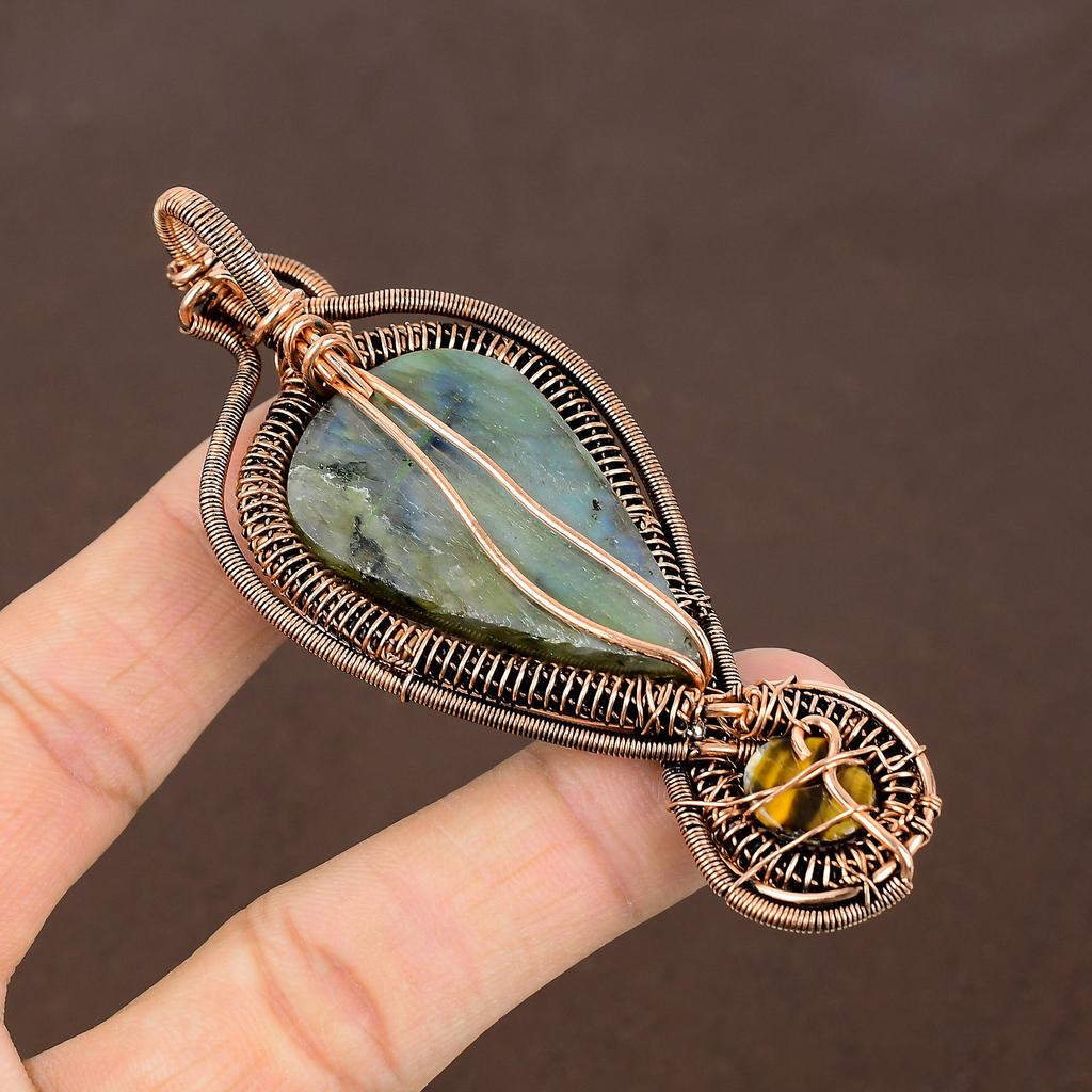 Labradorite, Tiger Eye Handmade Copper Wire Wrap Pendant 3.74" s7E55