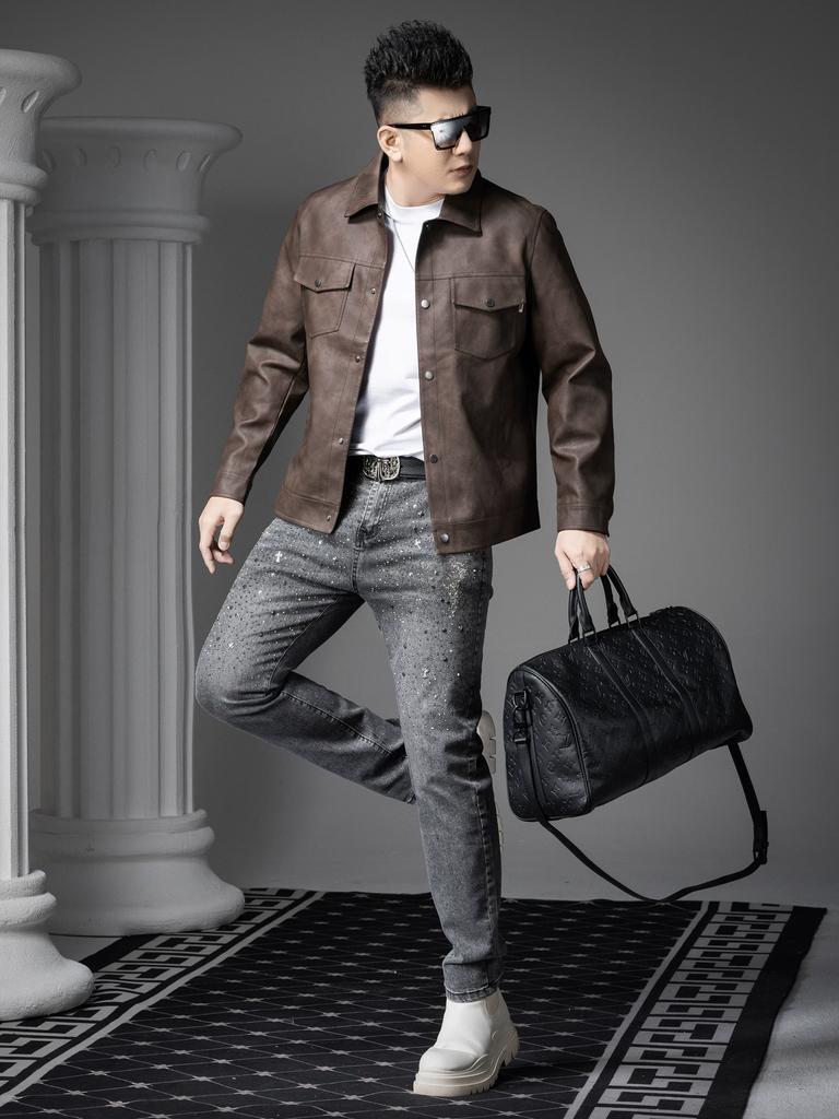 European Station 2025 Autumn New Style Men's Leather Jacket with Turn-Down Collar, Stylish Biker Jacket, Trendy Casual Leather Coat for Men
