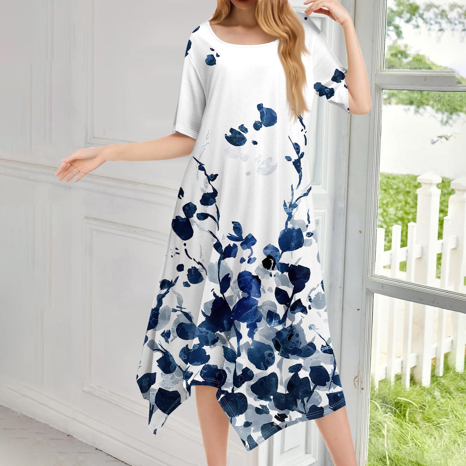 

Женское повседневное модное платье миди с круглым вырезом и коротким рукавом с принтом и неровным подолом XL