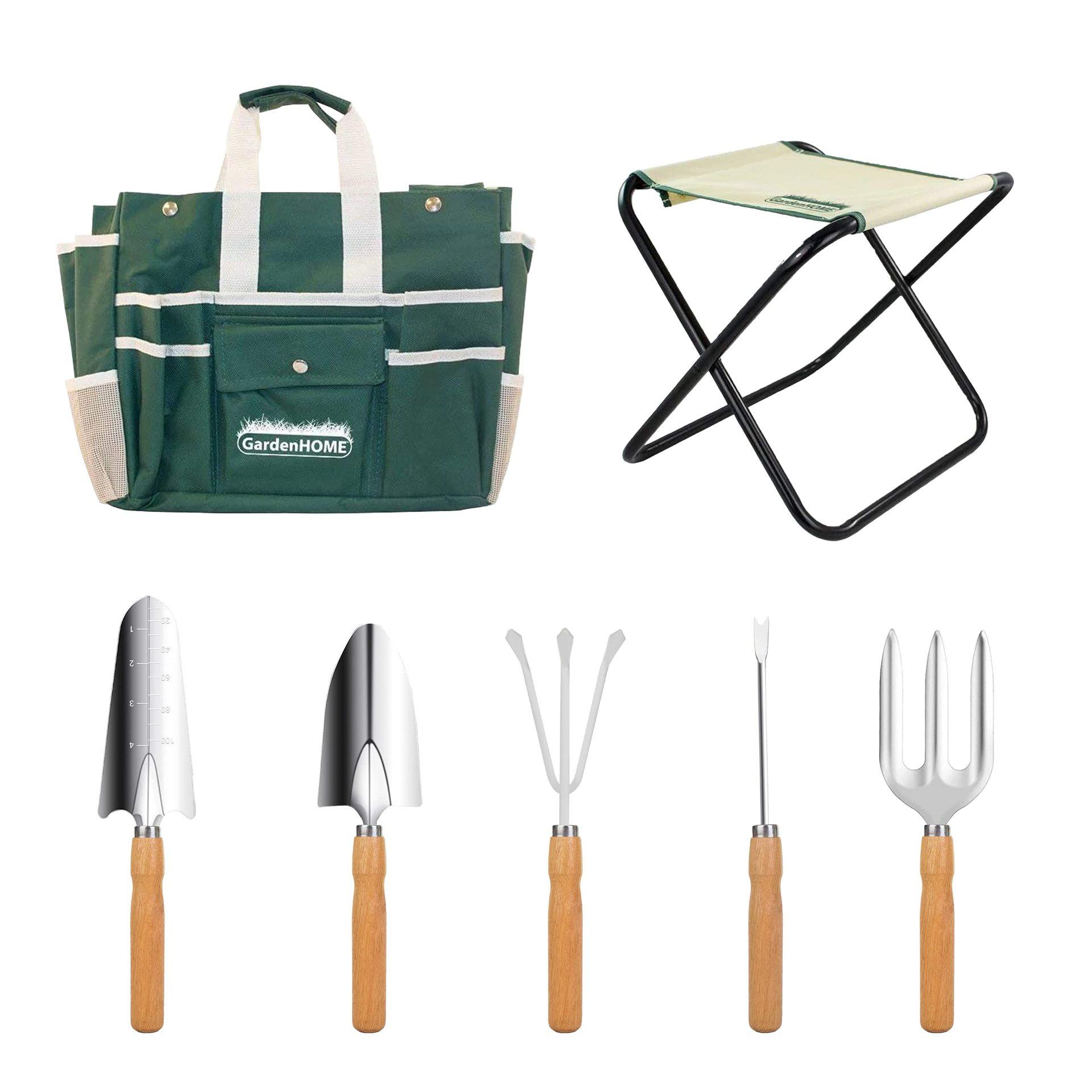 

Tool set, stainless steel, 7-piece tool set, folding stool, detachable, canvas handbag, garden tools