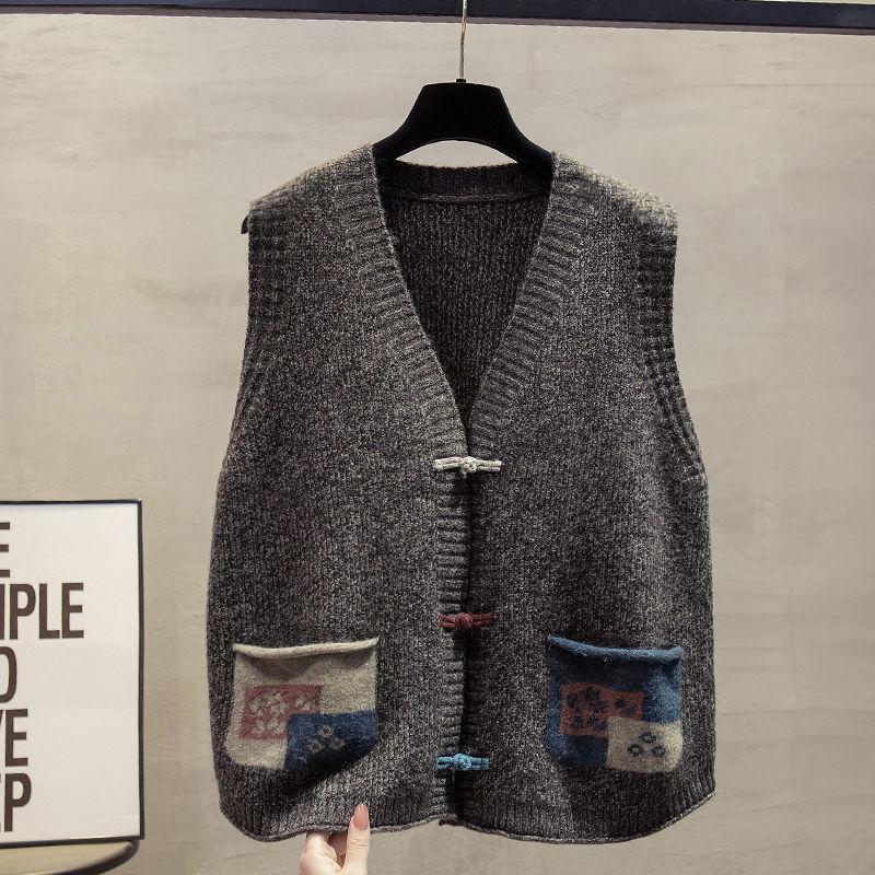 Chinese Style Outer Wear V-Neck Cardigan Knit Vest Women's Autumn Winter Sleeveless Sweater Cardigan