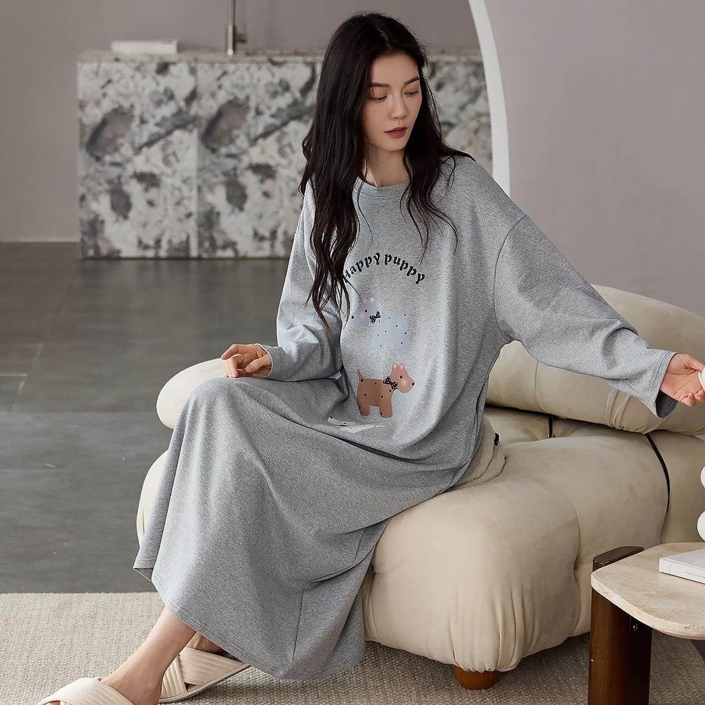 Pyjamas Damen Herbst Reine Baumwolle Frühling und Herbst Langärmelig Niedlich Cartoon Mittel und Lang Loungewear Pyjamas Rock