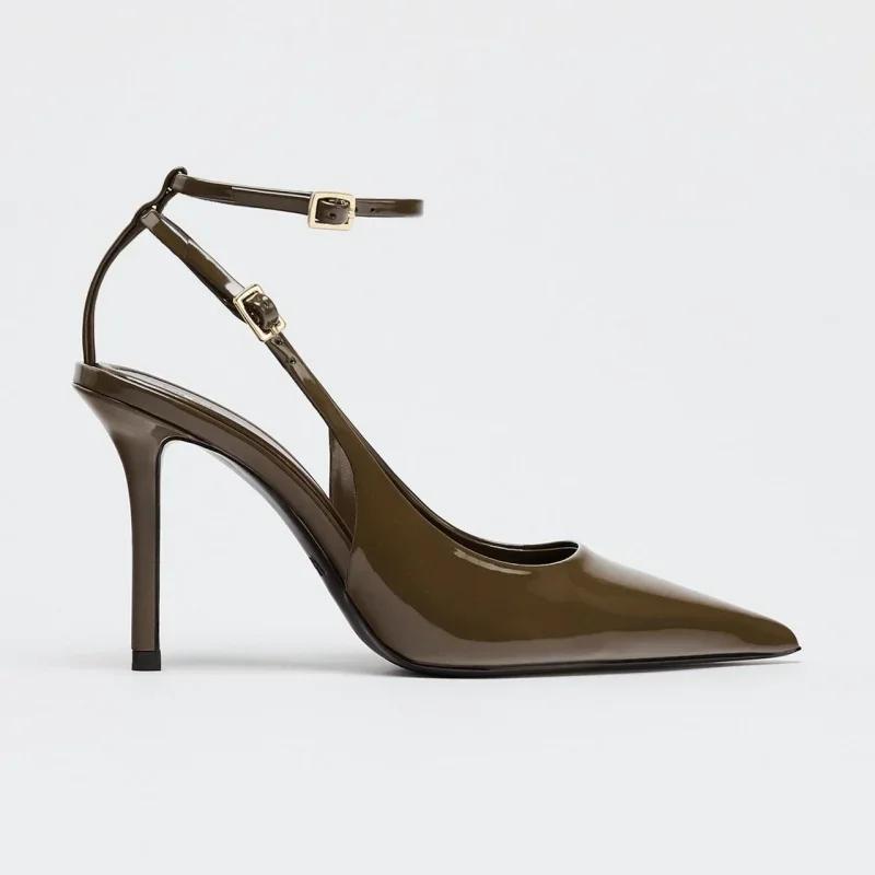 Fashion Sexy Pointed Toe Ankle Straps Buckle Women Pumps Patent Leather Slingbacks High Heels Elegant Party Shoe Stiletto Heeled Sandals