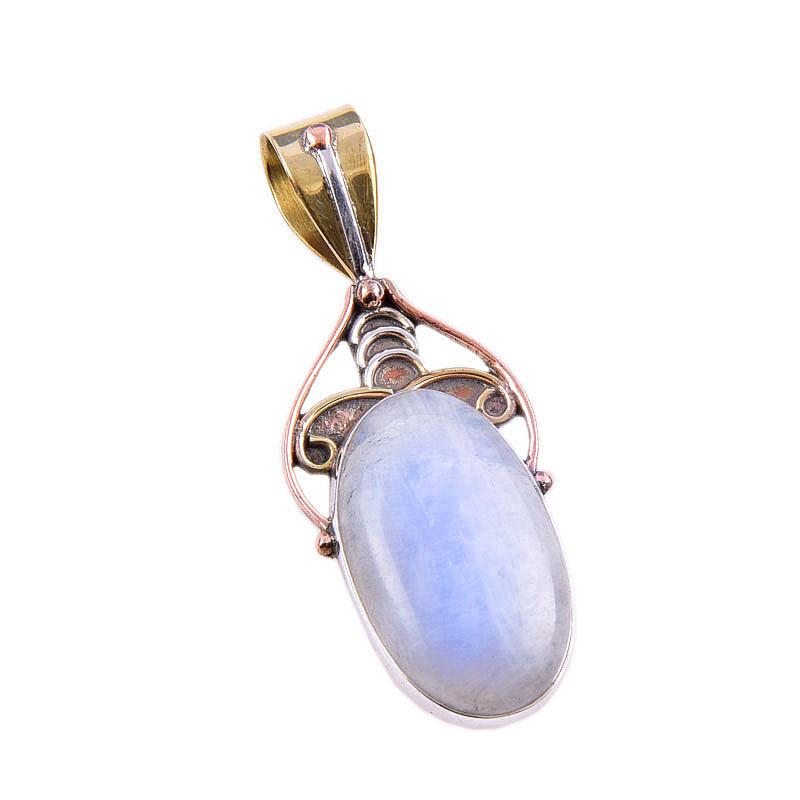 Natural Rainbow Moonstone Gemstone 925 Solid Silver Two Tone Pendant 1.75" V4L78