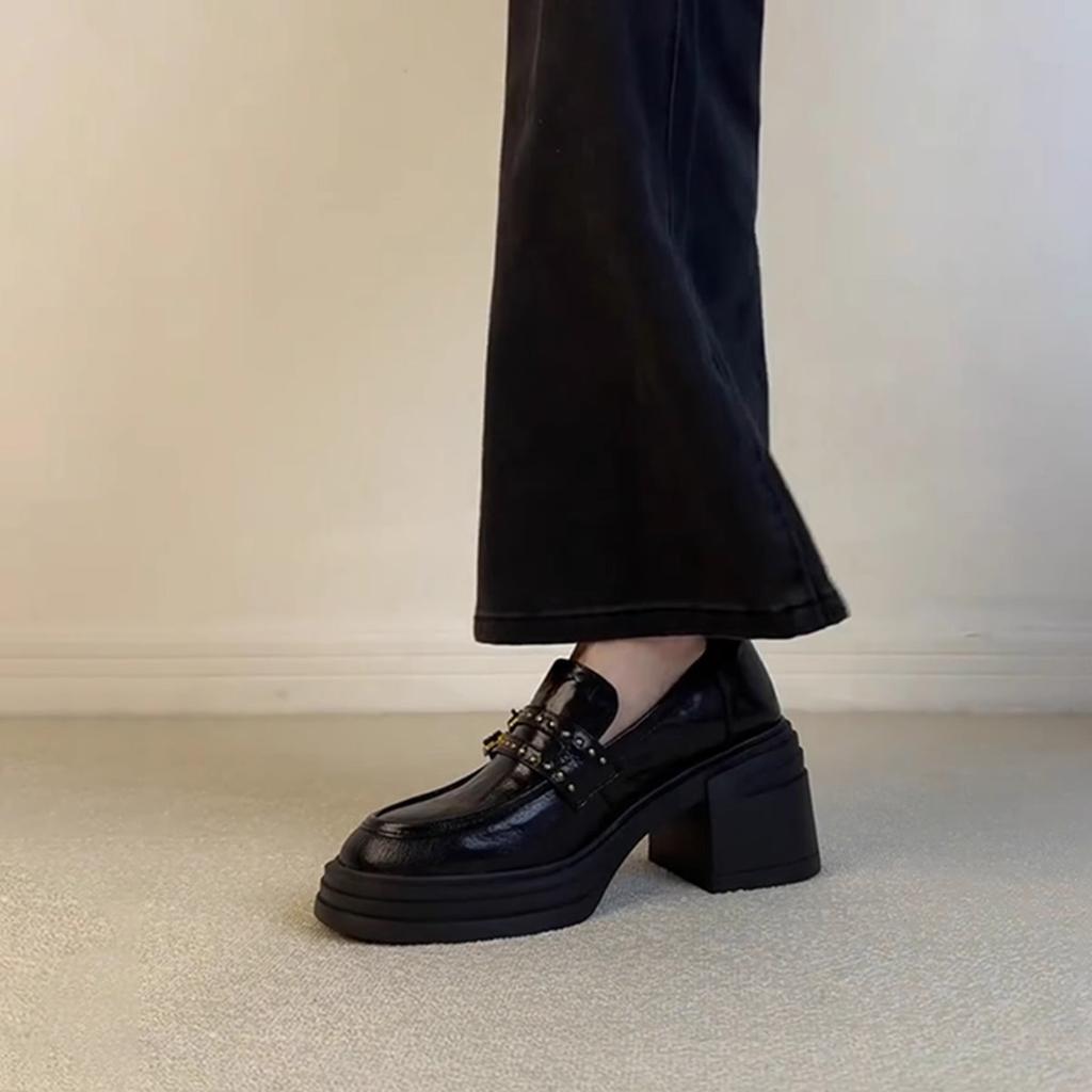 Sheepskin version~ High-heeled loafers, women's belt buckle, genuine leather, black small leather shoes, one pedal waterproof platform platform single