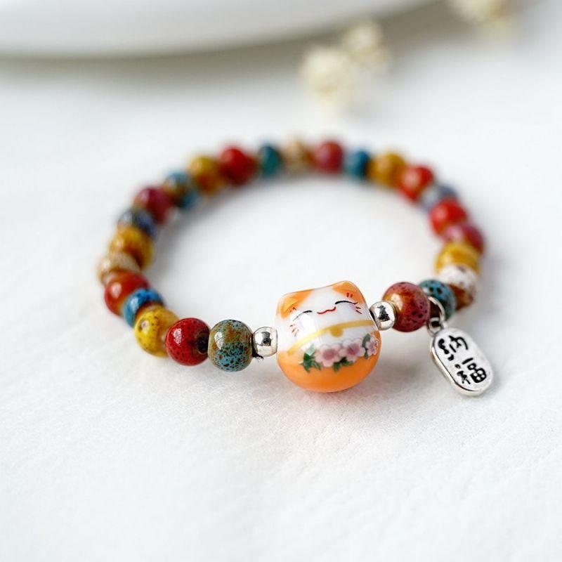 Fashion Cute Cat Bracelet For Girls Adjustable Colorful Beaded Bracelets Harajuku Ceramics Anime Pendant Charm Bracelets Jewelry