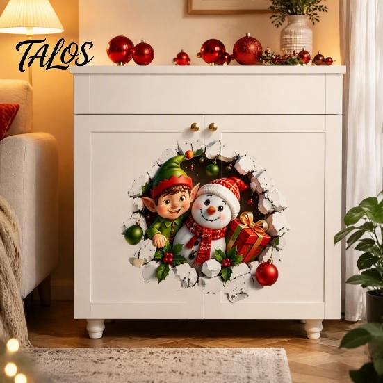 Holiday Bathroom Wall Sticker Christmas Crack Toilet Seat Cover Sticker, Cute 3D Elf Boy Snowman Broken Waterproof Restroom Art Through Tank Lid Decal